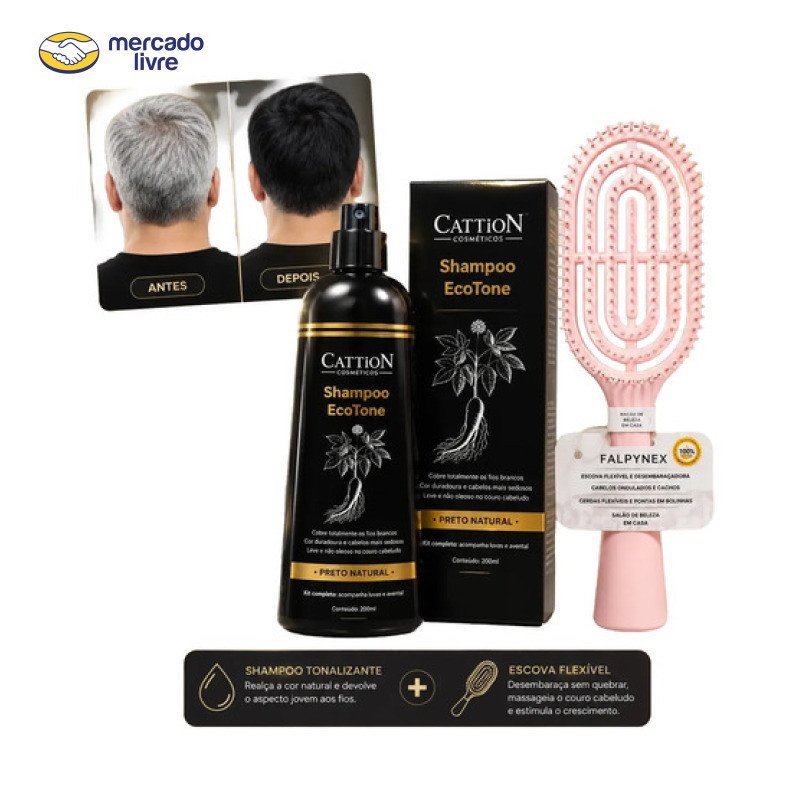 Shampoo Tonalizante Fim Dos Cabelos Brancos + Escova Pentear Preto Com Escova Rosa