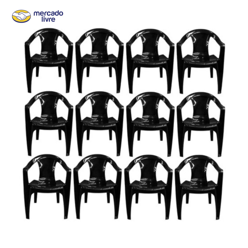 Kit 20 Cadeiras Plásticas Pretas Resistentes 182kg Empilháveis