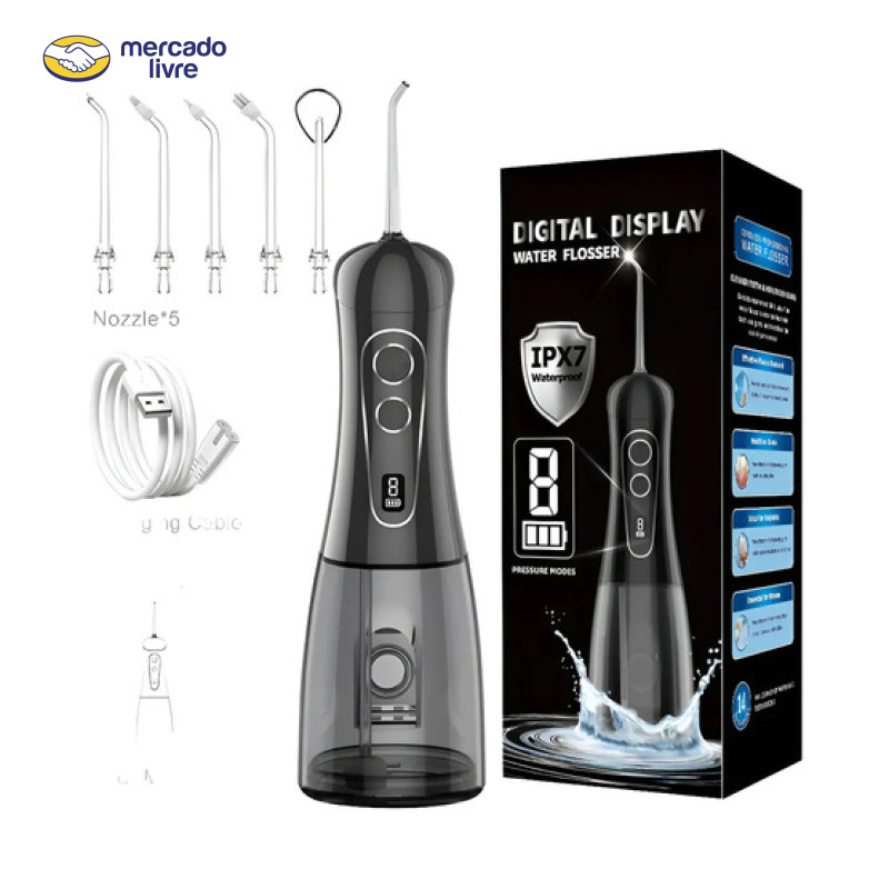 Irrigador Oral Portátil Ipx7 De 400ml Com Jato Forte Pulsado 8 Modos, 5 Bicos,Bivolt Para Limpeza Bucal E Prótese Dentária