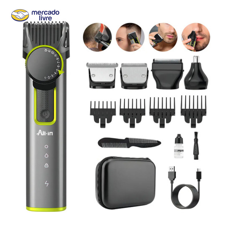 All-in Maquina De Cortar Cabelo Barbeador Eletrico Aparador De Pelos Profissional Barba Nariz Maquina De Barbear Aparelho De Barbear 4 Em 1 Acabamento Homen Presente B-751gy