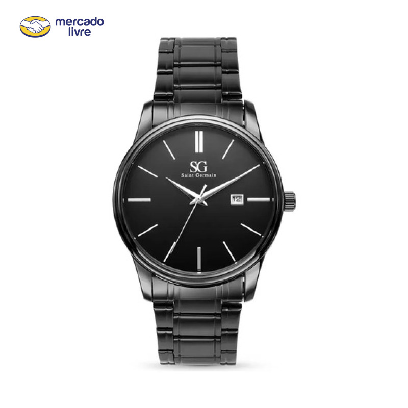 Relógio Chroma Masculino Preto Saint Germain Clássico Caixa Preta Detalhes Prata 42mm