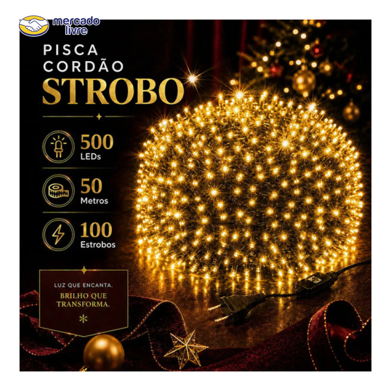 Strobo Natal 500 Leds Pisca 100 Flash 50m Prova D'água Bivolt Branco Quente