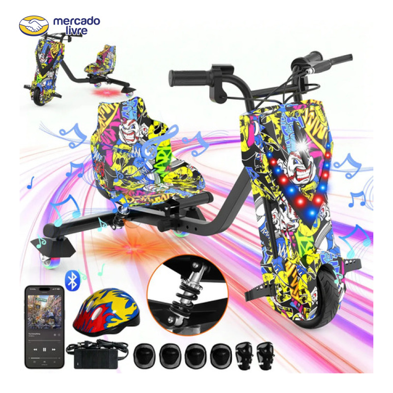 Patinete Elétrico Triciclo Drift Infantil 350W 36V Bluetooth LED 3 Velocidades Motor Brushless Luzes RGB Freio Manual Capacete Kit Proteção Bateria Lítio Ajustável Até 100kg Graffiti