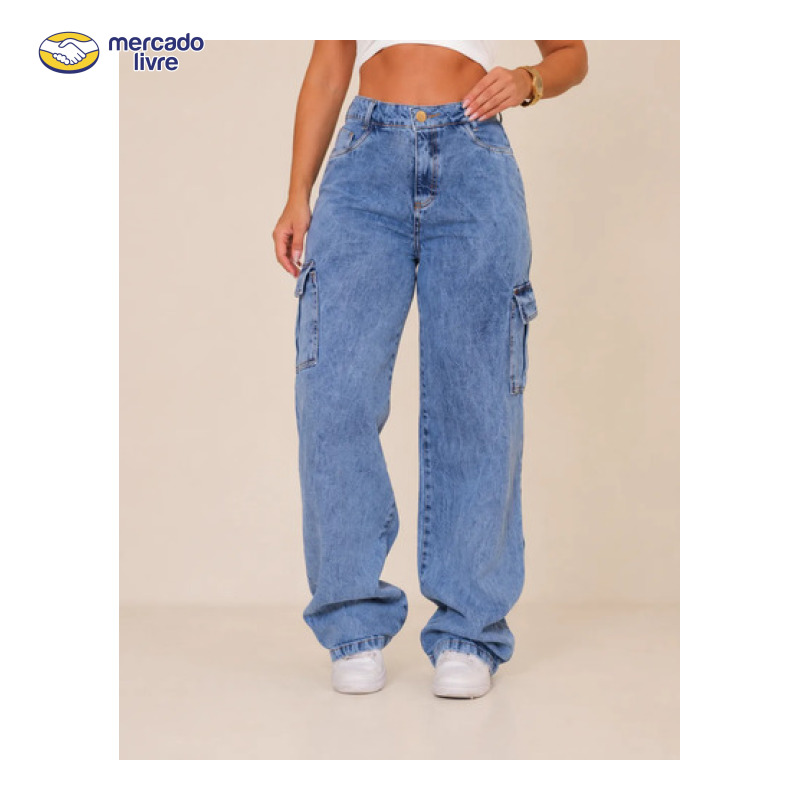 Calça Jeans Feminina Wide Leg Cintura Alta Cargo Pantalona