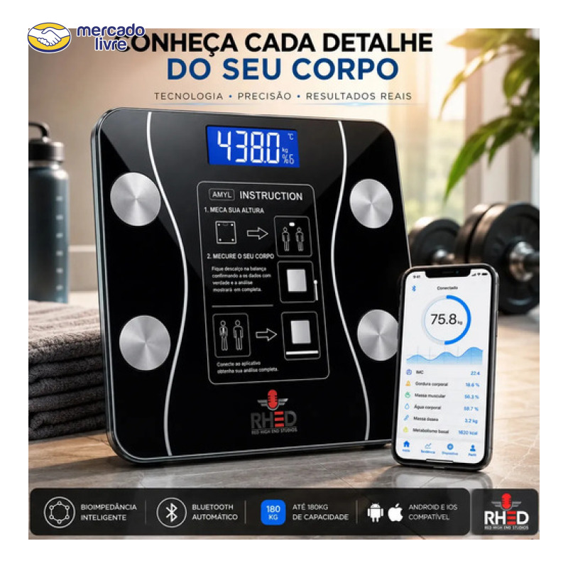 Balança Digital Bioimpedância Profissional smart imc 180kg Bluetooth Corporal Aparelho Alta Capacidade aplicativo App para Android e para IOS Balança De Banheiro Academia