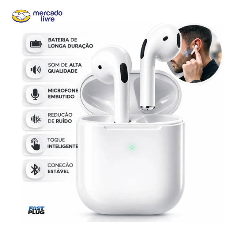 Fone De Ouvido Bluetooth Bateria de Longa Duração Pro 4 Branco Conecta Rápido Fast Plug Com Case Carregador E Microfone